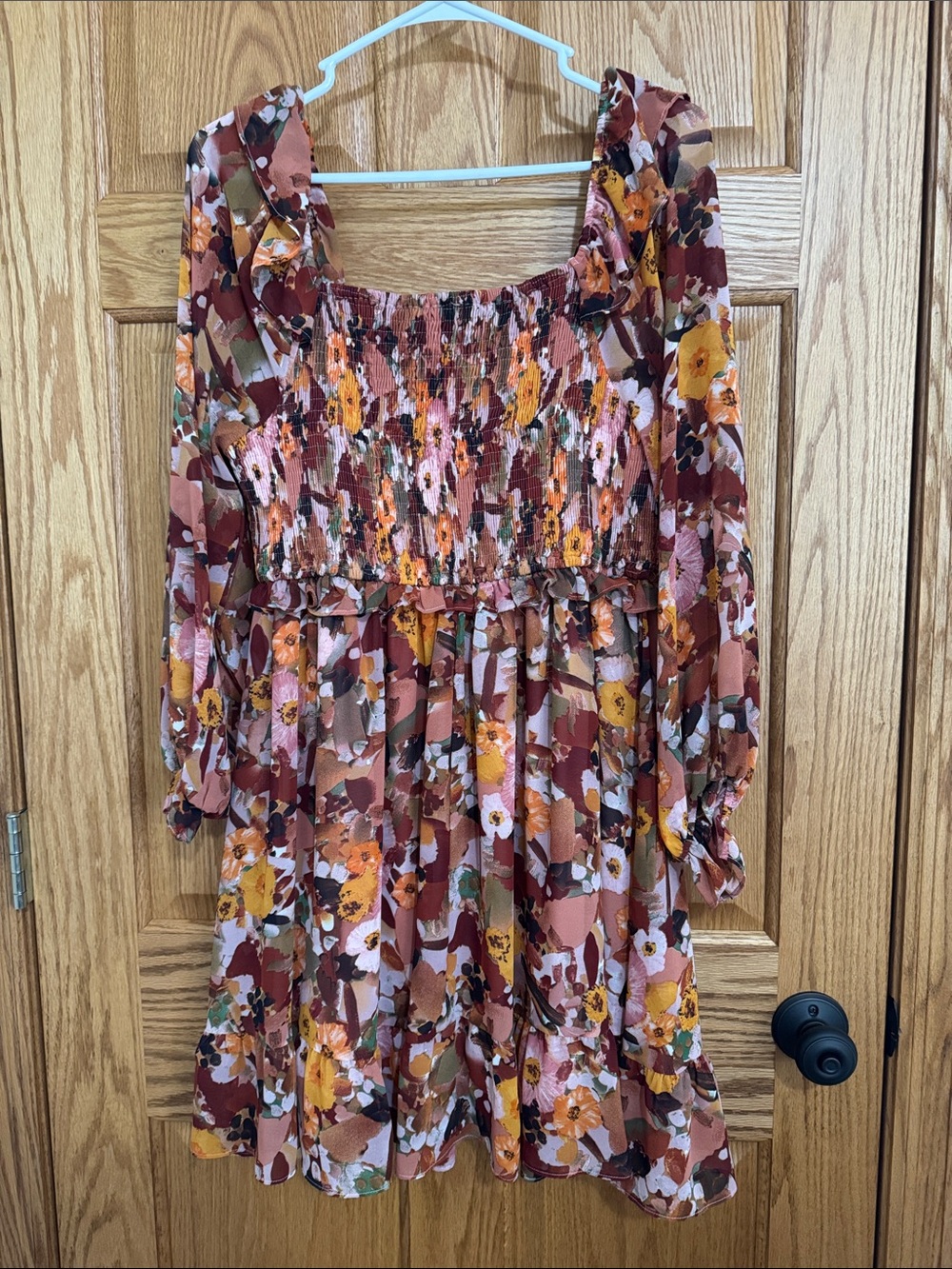 JODIFL Rust Multi Floral Smocked Midi Dress